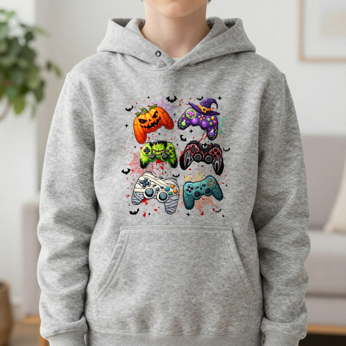 Halloween Gamer Kids Hoodie in Sport Grey, worn, our photo
