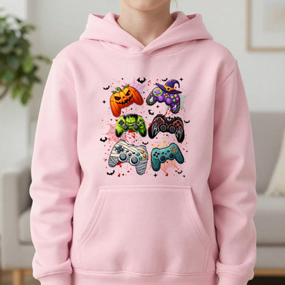 Halloween Gamer Kids Hoodie in Light Pink, worn, our photo
