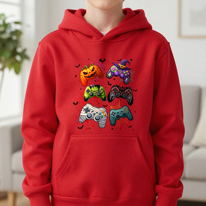 Halloween Gamer Kids Hoodie in Red, worn, our photo