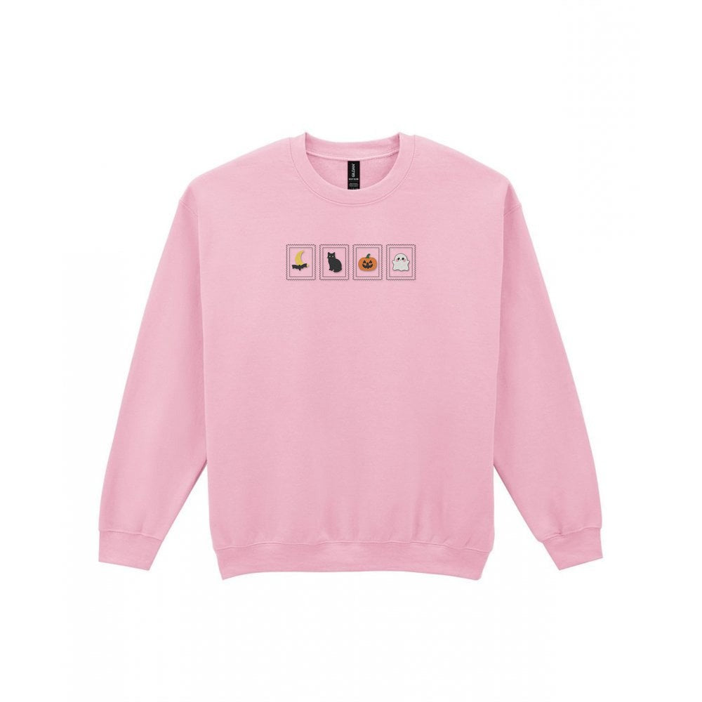 Halloween Stamps Embroidered Sweatshirt in Light Pink