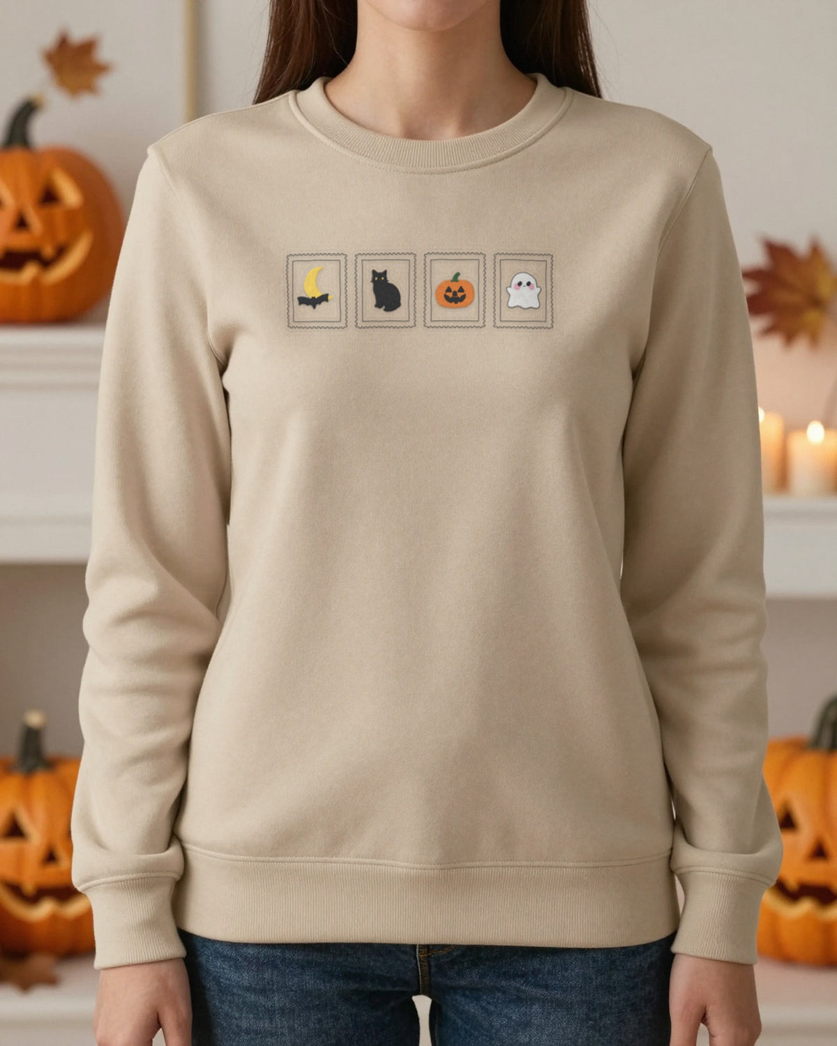 Halloween Stamps Embroidered Sweatshirt worn