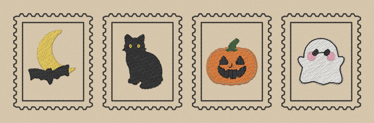 Halloween Stamps Embroidered Sweatshirt embroidery close-up
