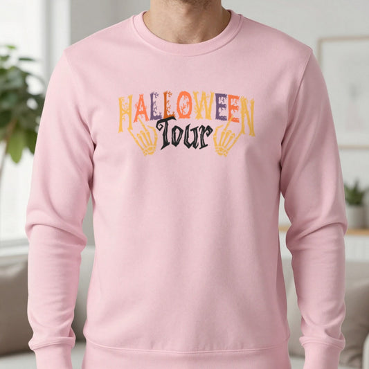 Halloween Tour Sweatshirt in Light Pink, worn, our photo