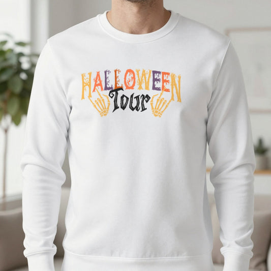 Halloween Tour Sweatshirt in White, worn, our photo