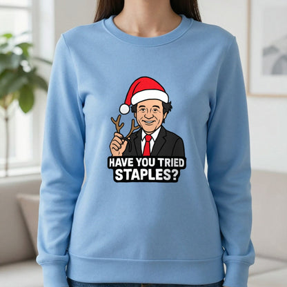 Have You Tried Staples Christmas T-Shirt & Sweatshirt in Carolina Blue, worn, our photo