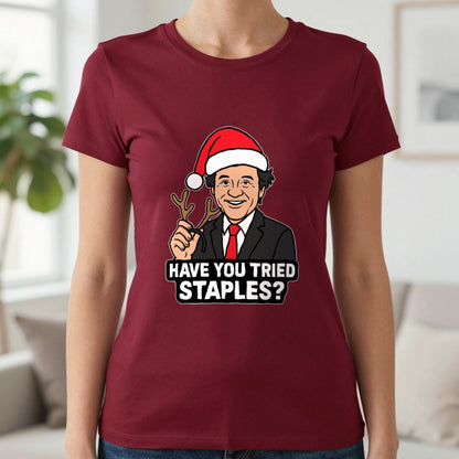 Have You Tried Staples Christmas T-Shirt & Sweatshirt in Cherry Red, worn, our photo