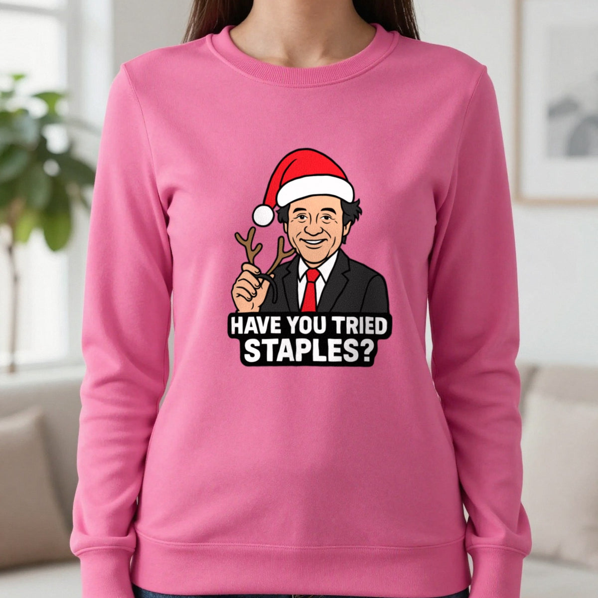 Have You Tried Staples Christmas T-Shirt & Sweatshirt in Heliconia, worn, our photo