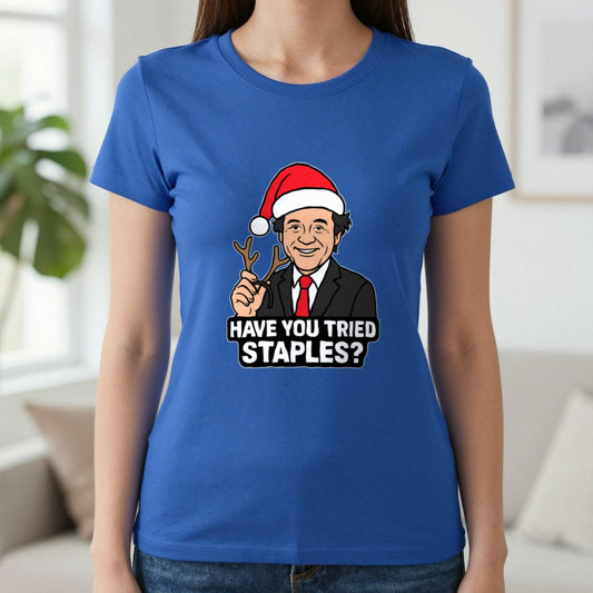 Have You Tried Staples Christmas T-Shirt & Sweatshirt in Royal, worn, our photo