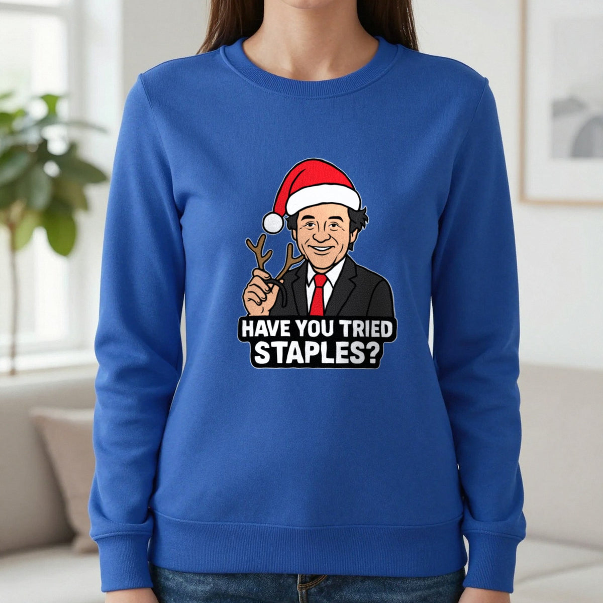 Have You Tried Staples Christmas T-Shirt & Sweatshirt in Sapphire, worn, our photo