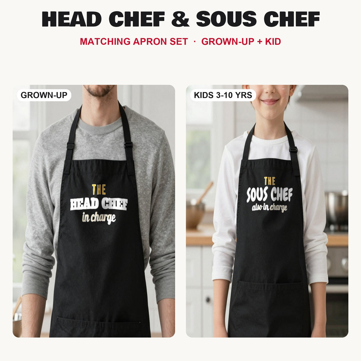 Head Chef & Sous Chef matching apron set in Black: grown-up and kids aprons, our photo