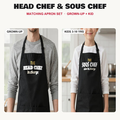 Head Chef & Sous Chef matching apron set in Black: grown-up and kids aprons, our photo