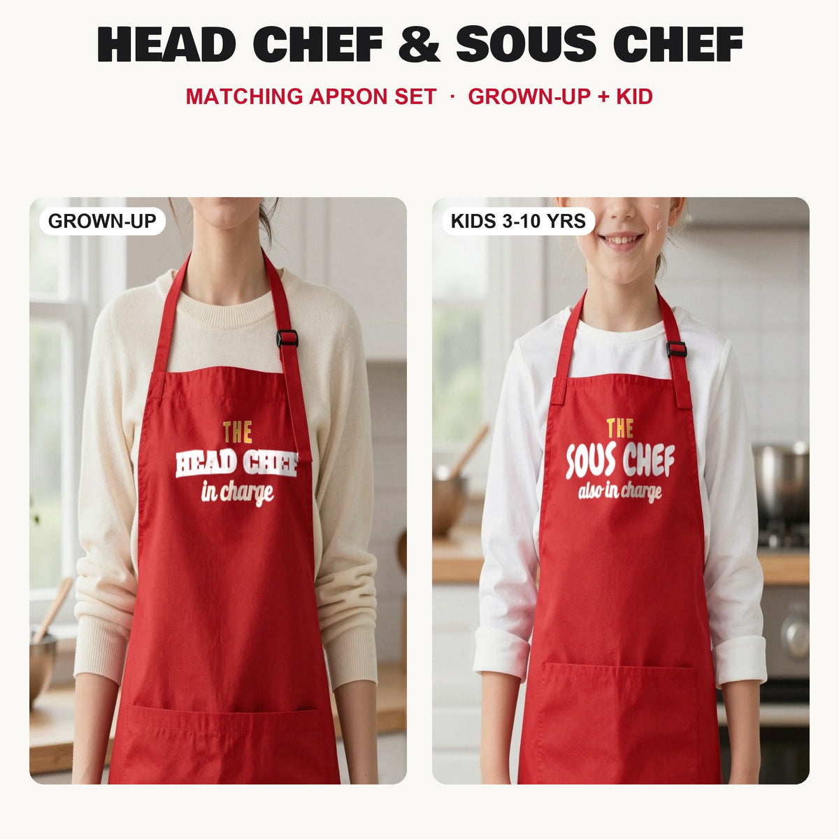 Head Chef & Sous Chef matching apron set in Red: grown-up and kids aprons, our photo