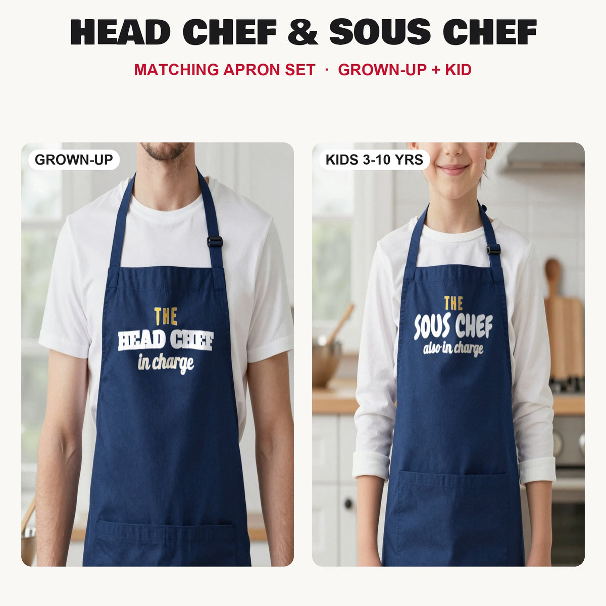 Head Chef & Sous Chef matching apron set in Navy: grown-up and kids aprons, our photo