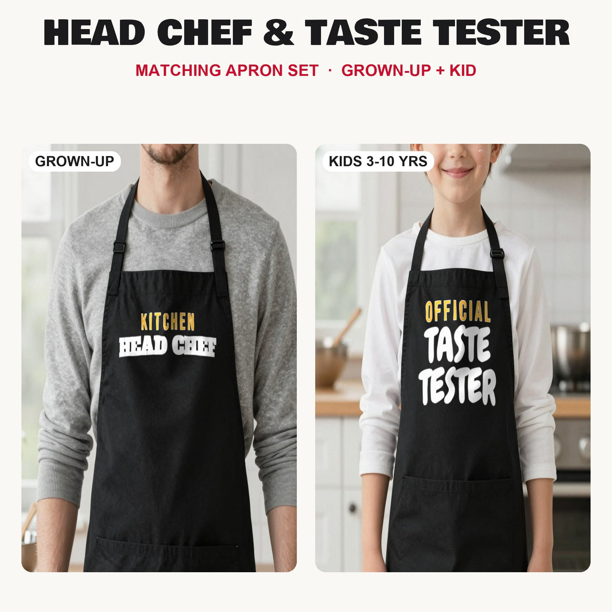 Head Chef & Taste Tester matching apron set in Black: grown-up and kids aprons, our photo