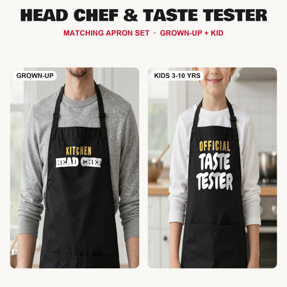 Head Chef & Taste Tester matching apron set in Black: grown-up and kids aprons, our photo