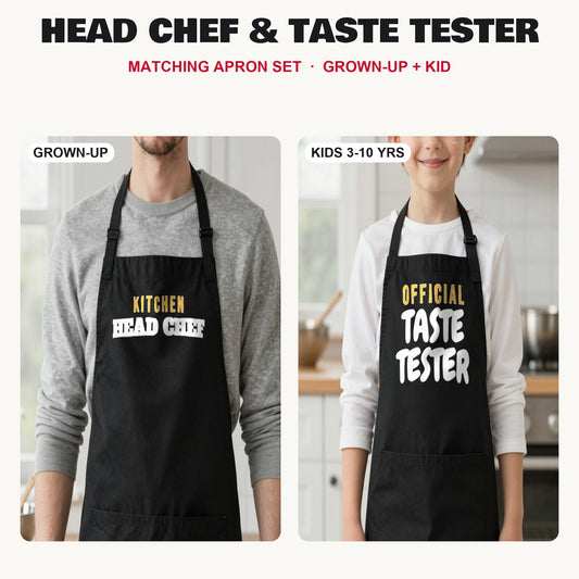 Head Chef & Taste Tester matching apron set in Black: grown-up and kids aprons, our photo