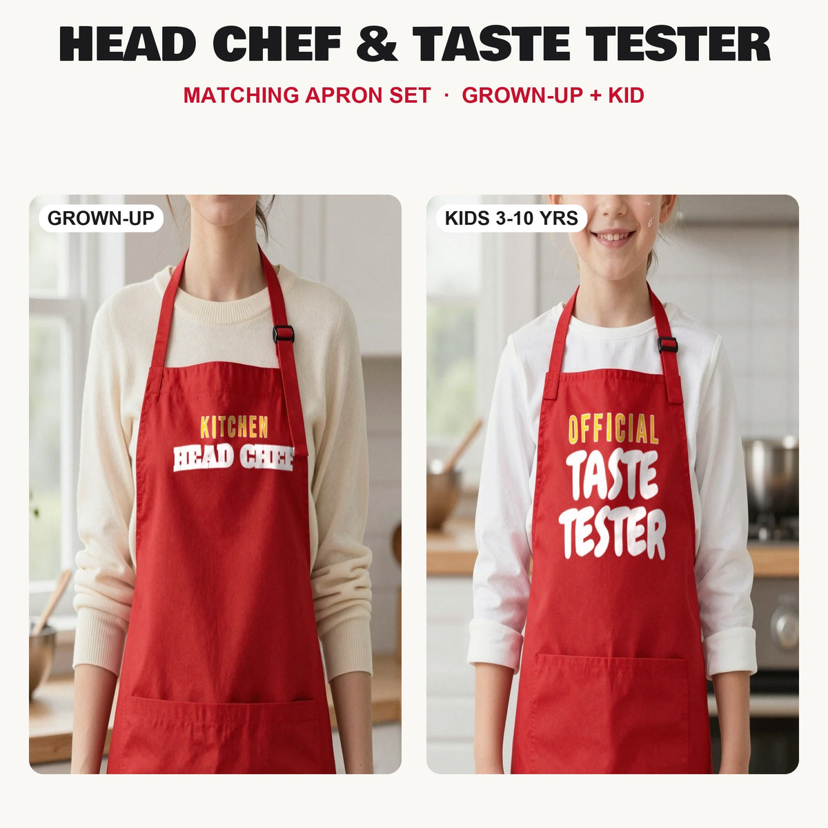 Head Chef & Taste Tester matching apron set in Red: grown-up and kids aprons, our photo
