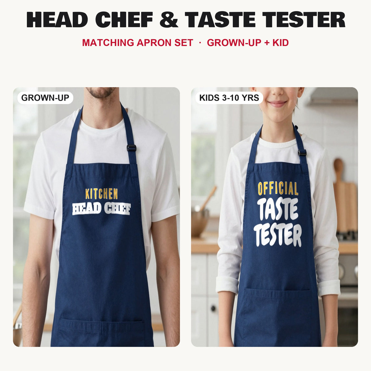Head Chef & Taste Tester matching apron set in Navy: grown-up and kids aprons, our photo