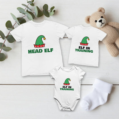 Head Elf & Elf in Training Christmas matching set flat lay with kids tee