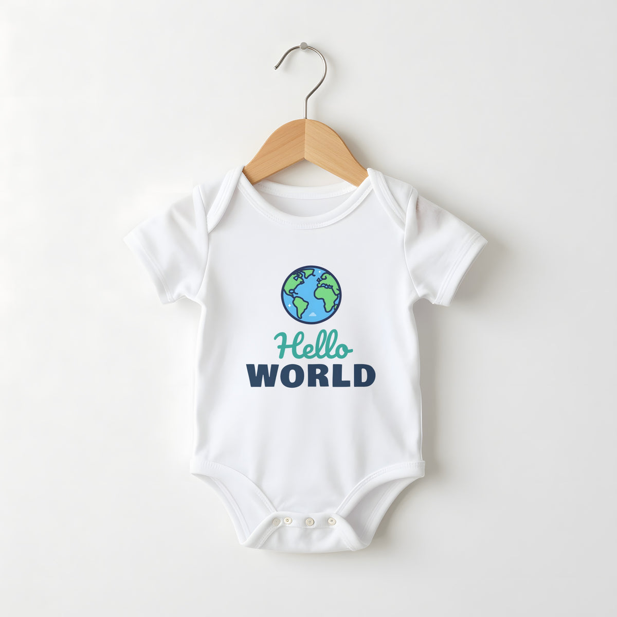 Hello World white baby grow on a hanger