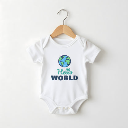 Hello World white baby grow on a hanger