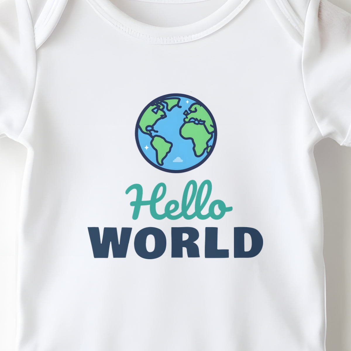 Hello World baby grow print close-up