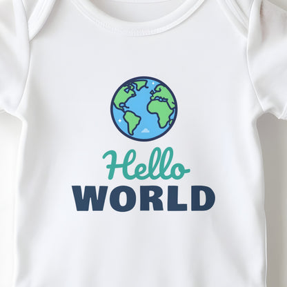 Hello World baby grow print close-up
