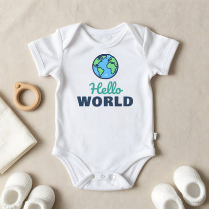 Hello World baby grow laid flat