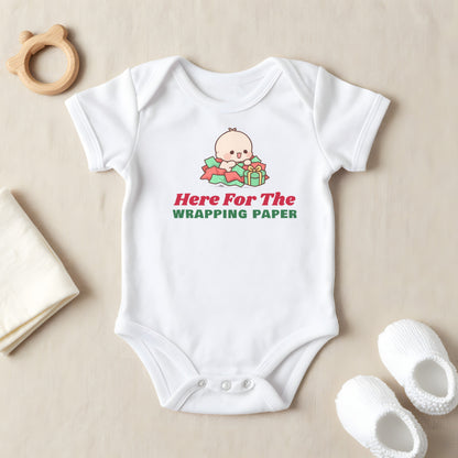 Here For The Wrapping Paper baby grow laid flat