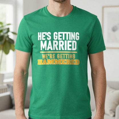 He's Getting Married We're Getting Hammered Stag Do T-Shirt & Sweatshirt in Irish Green, worn, our photo
