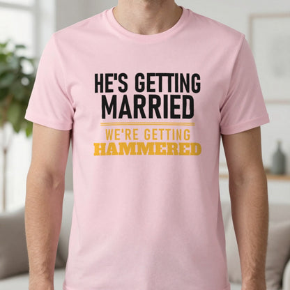 He's Getting Married We're Getting Hammered Stag Do T-Shirt & Sweatshirt in Light Pink, worn, our photo