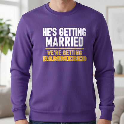 He's Getting Married We're Getting Hammered Stag Do T-Shirt & Sweatshirt in Purple, worn, our photo