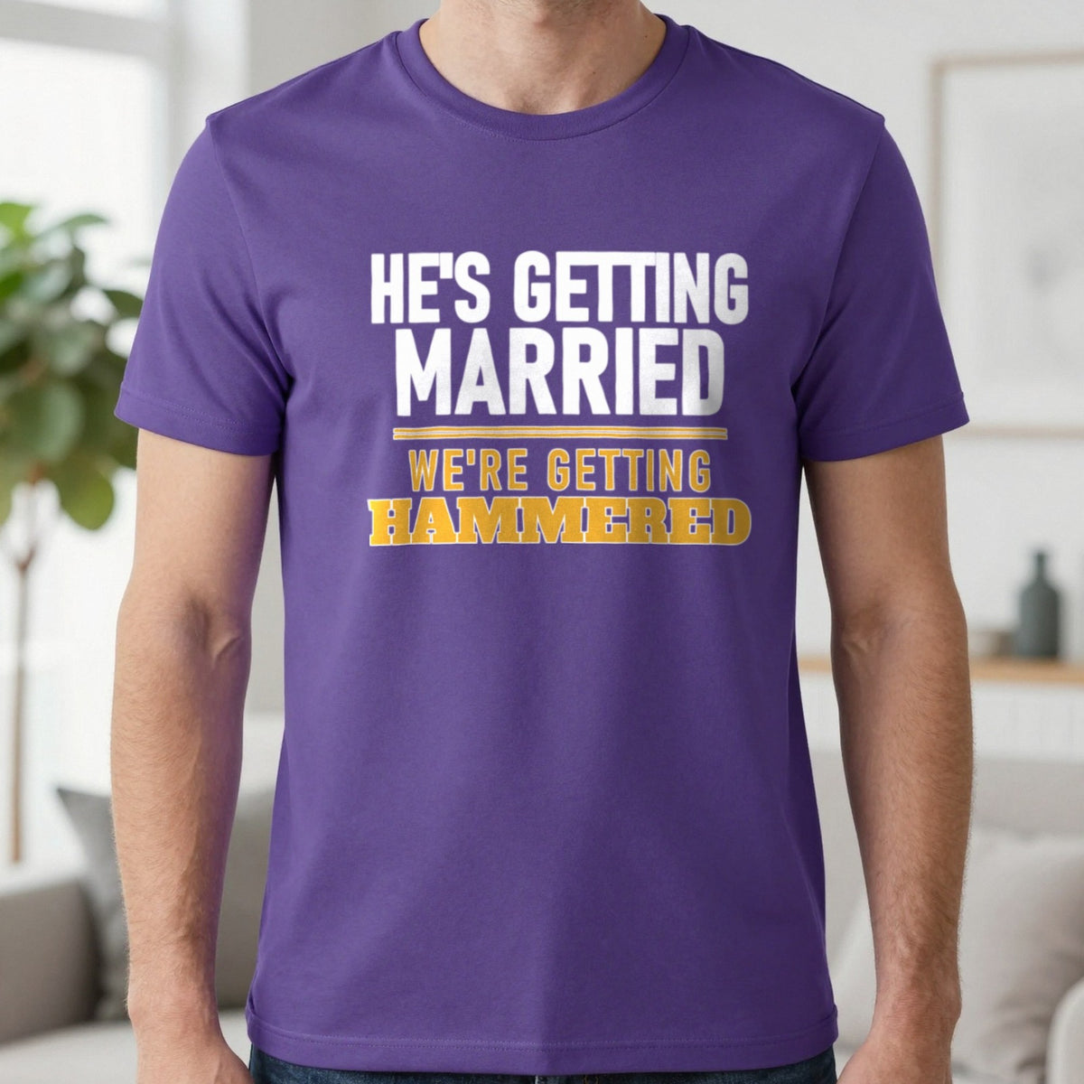 He's Getting Married We're Getting Hammered Stag Do T-Shirt & Sweatshirt in Purple, worn, our photo