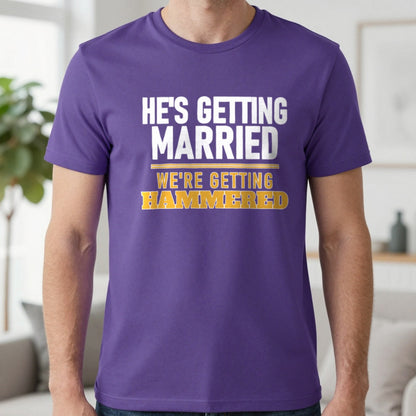 He's Getting Married We're Getting Hammered Stag Do T-Shirt & Sweatshirt in Purple, worn, our photo