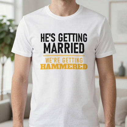 He's Getting Married We're Getting Hammered Stag Do T-Shirt & Sweatshirt in White, worn, our photo