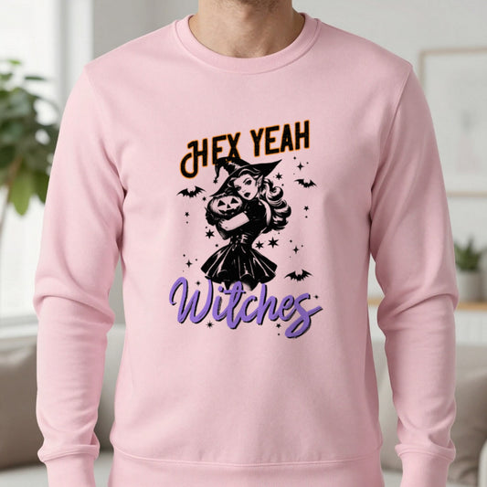Hex Yeah Witches Halloween Sweatshirt in Light Pink, worn, our photo