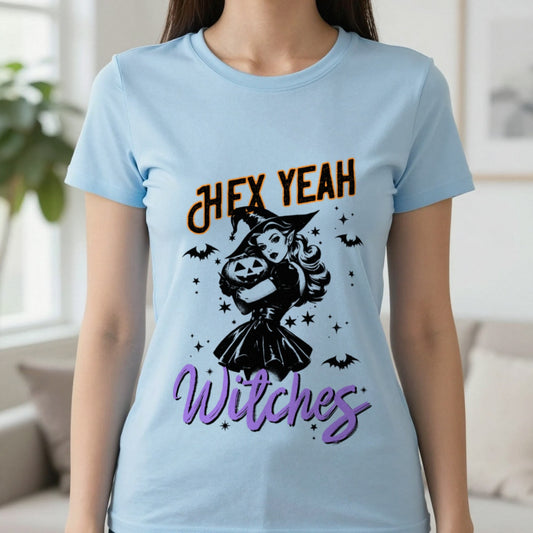 Hex Yeah Witches Halloween T-Shirt in Light Blue, worn, our photo