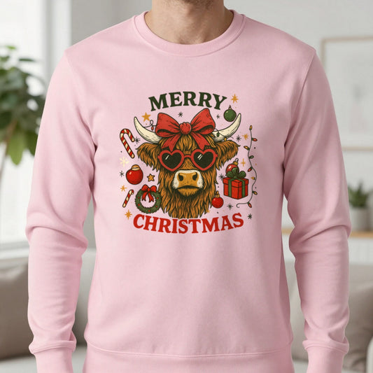 Highland Cow Merry Christmas Sweatshirt in Light Pink, worn, our photo