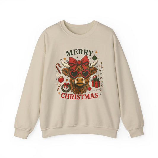 Highland Cow Merry Christmas Sweatshirt - funny sweatshirt by Cheeky Business