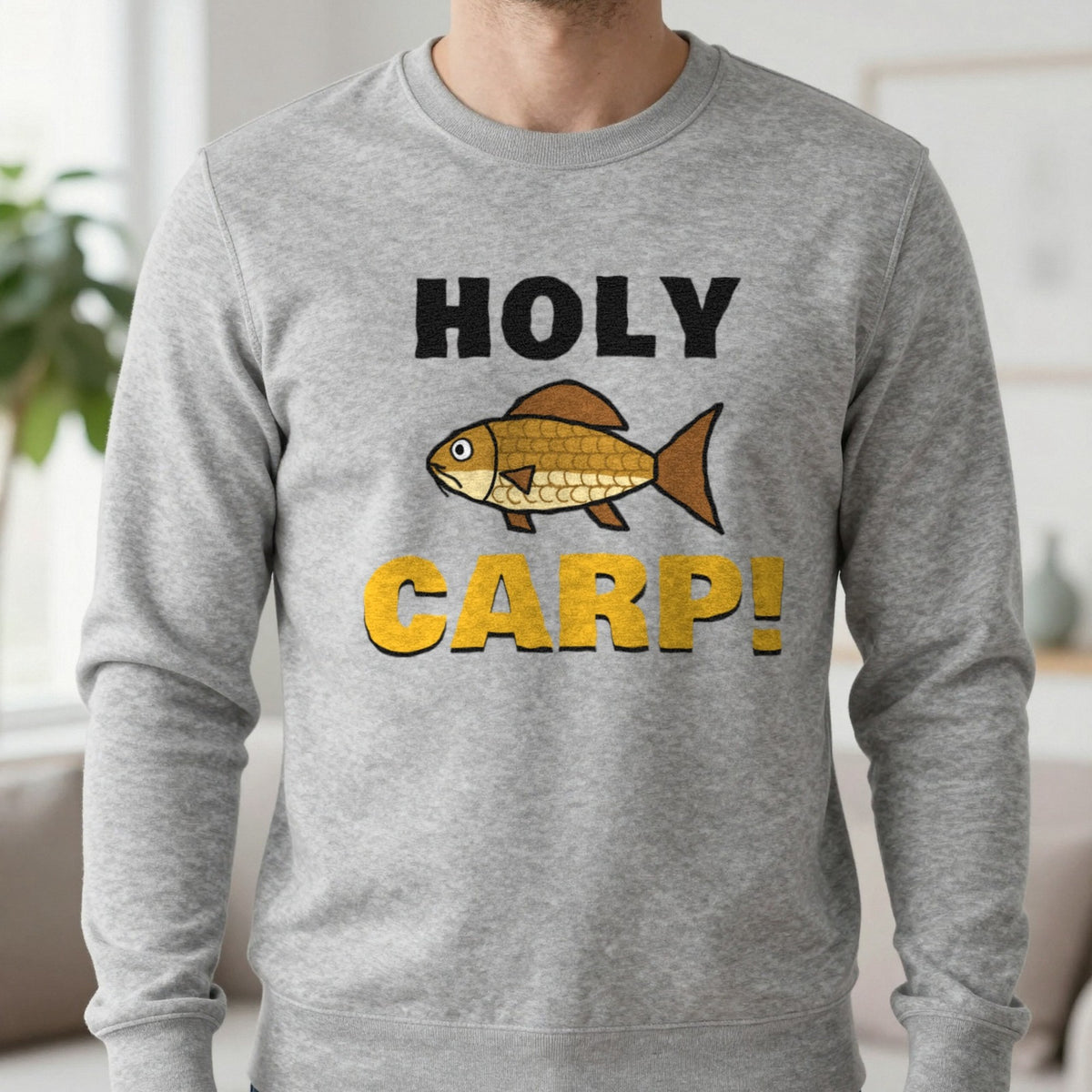 Holy Carp Funny Fishing T-Shirt & Sweatshirt in Sport Grey (Sweatshirt), worn, our photo