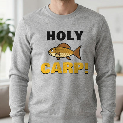 Holy Carp Funny Fishing T-Shirt & Sweatshirt in Sport Grey (Sweatshirt), worn, our photo
