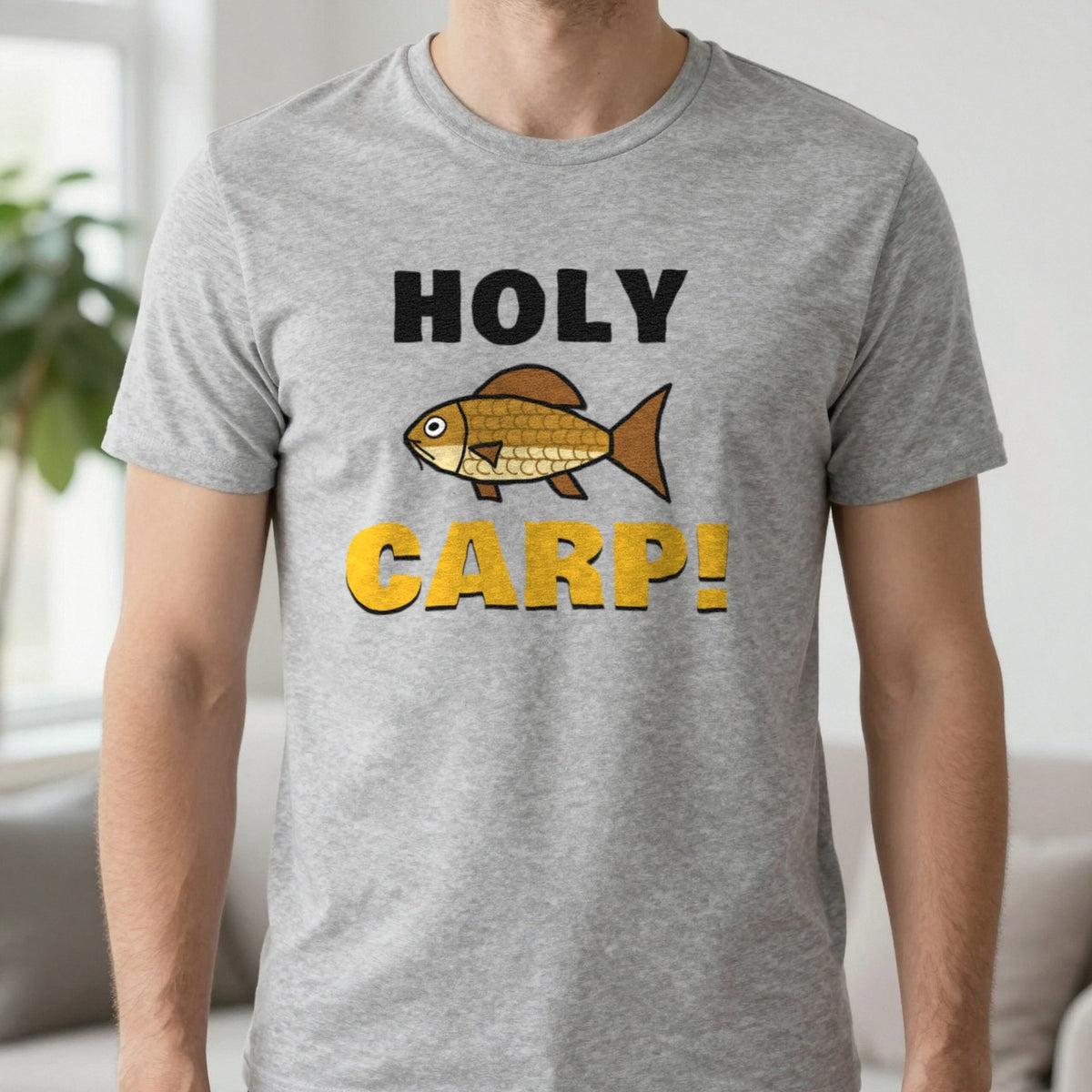 Holy Carp Funny Fishing T-Shirt & Sweatshirt in Sport Grey (T-Shirt), worn, our photo