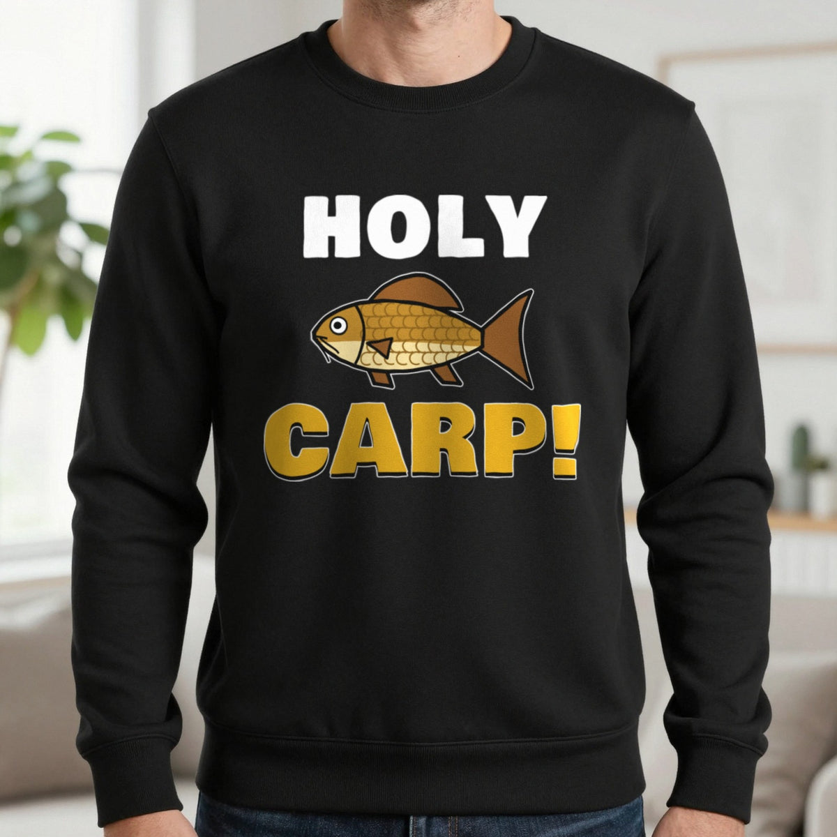 Holy Carp Funny Fishing T-Shirt & Sweatshirt in Black (Sweatshirt), worn, our photo