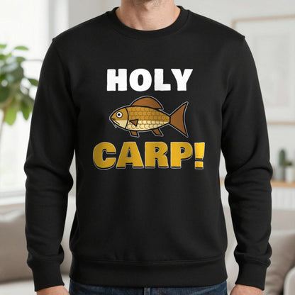 Holy Carp Funny Fishing T-Shirt & Sweatshirt in Black (Sweatshirt), worn, our photo