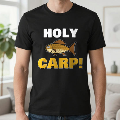 Holy Carp Funny Fishing T-Shirt & Sweatshirt in Black (T-Shirt), worn, our photo