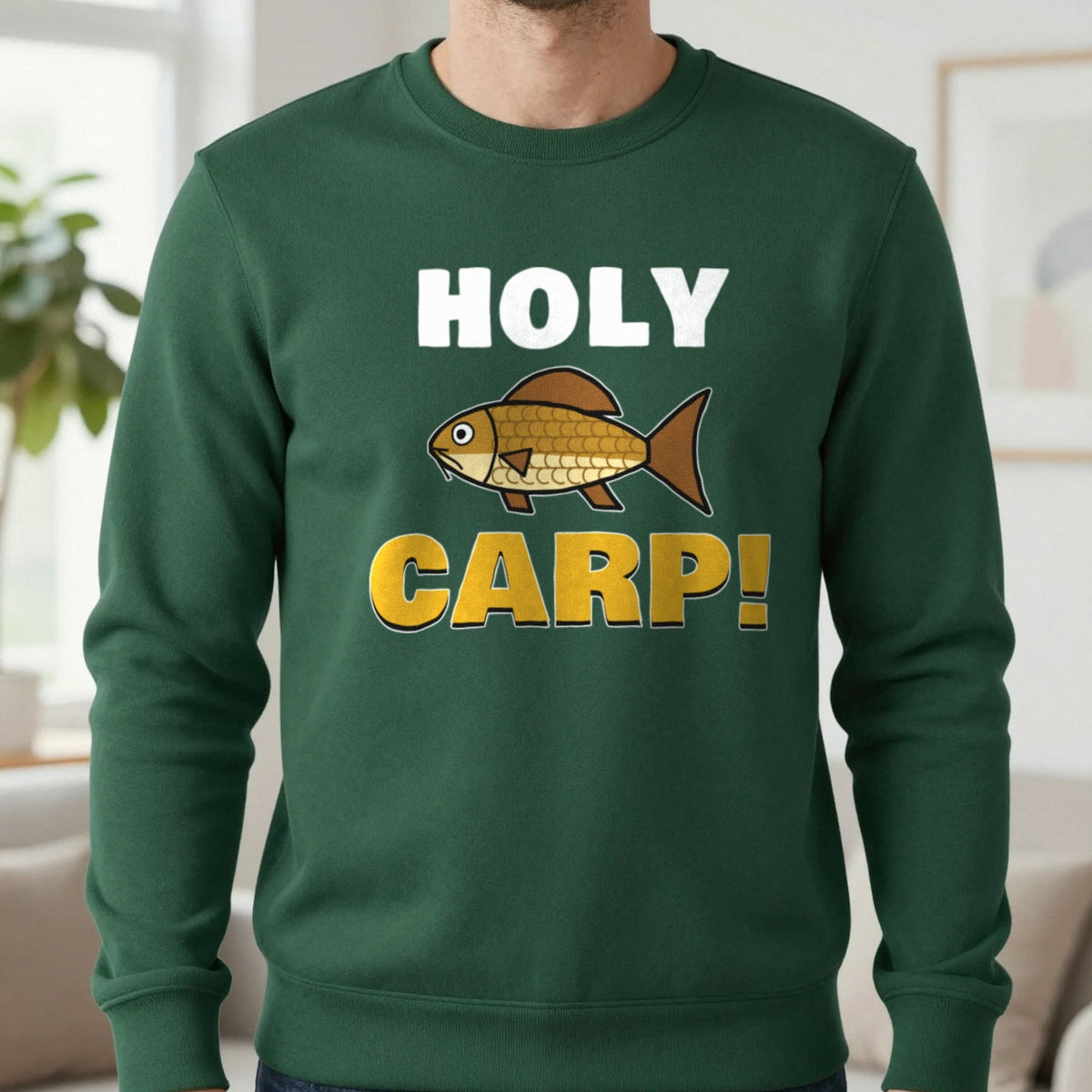 Holy Carp Funny Fishing T-Shirt & Sweatshirt in Forest Green (Sweatshirt), worn, our photo