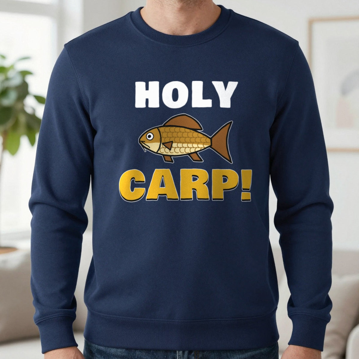Holy Carp Funny Fishing T-Shirt & Sweatshirt in Navy (Sweatshirt), worn, our photo