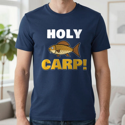 Holy Carp Funny Fishing T-Shirt & Sweatshirt in Navy (T-Shirt), worn, our photo