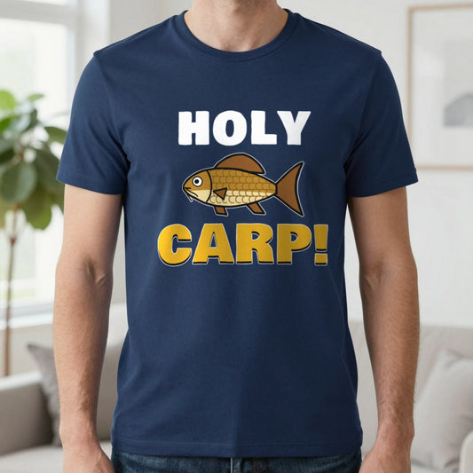Holy Carp Funny Fishing T-Shirt & Sweatshirt in Navy (T-Shirt), worn, our photo