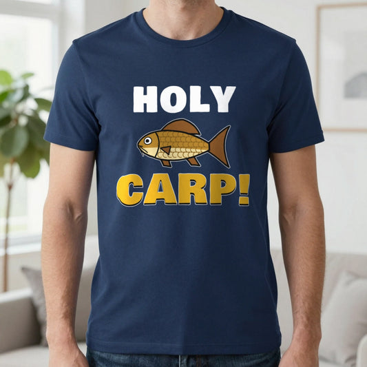 Holy Carp Funny Fishing T-Shirt & Sweatshirt in Navy (T-Shirt), worn, our photo